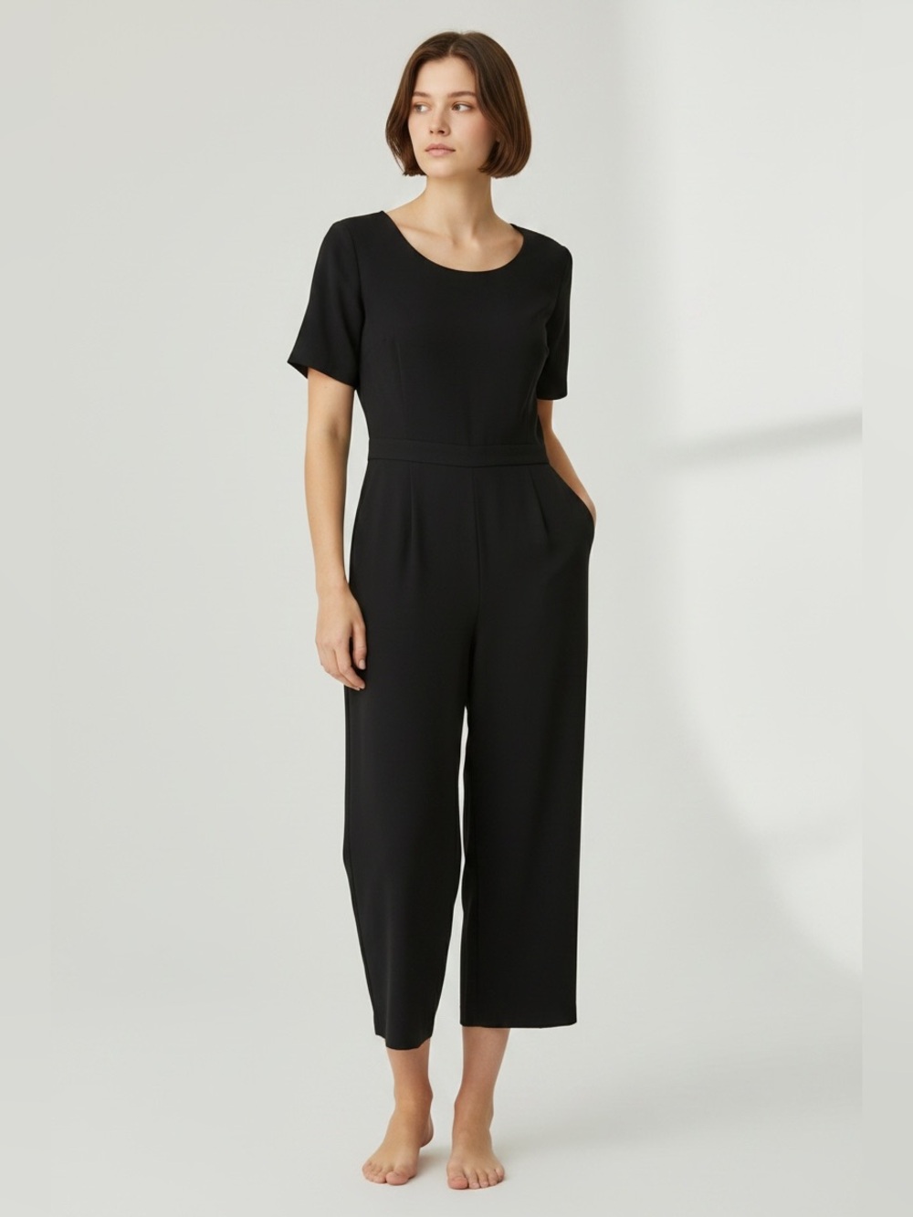 J. Crew Black Short-Sleeve Cropped Wide-Leg Jumpsuit.